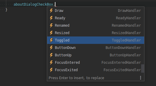 Code completion for signals events